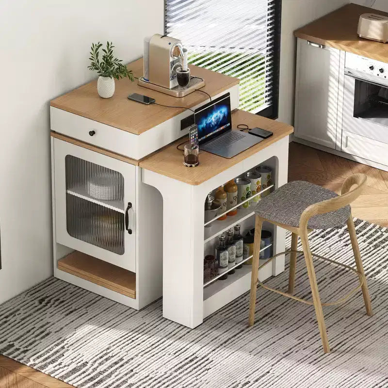 Îlot de cuisine avec table extensible, rangement double face et prise de courant, chariot de cuisine pour salle à manger