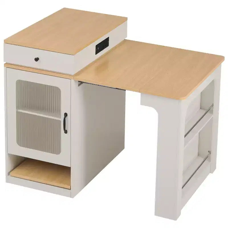 Îlot de cuisine avec table extensible, rangement double face et prise de courant, chariot de cuisine pour salle à manger