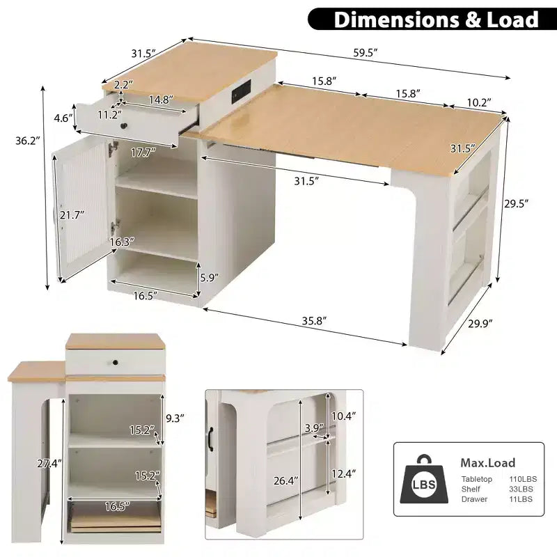 Îlot de cuisine avec table extensible, rangement double face et prise de courant, chariot de cuisine pour salle à manger