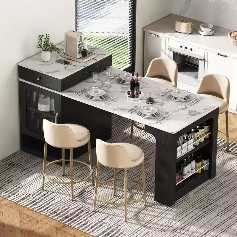 Îlot de cuisine avec table extensible, rangement double face et prise de courant, chariot de cuisine pour salle à manger