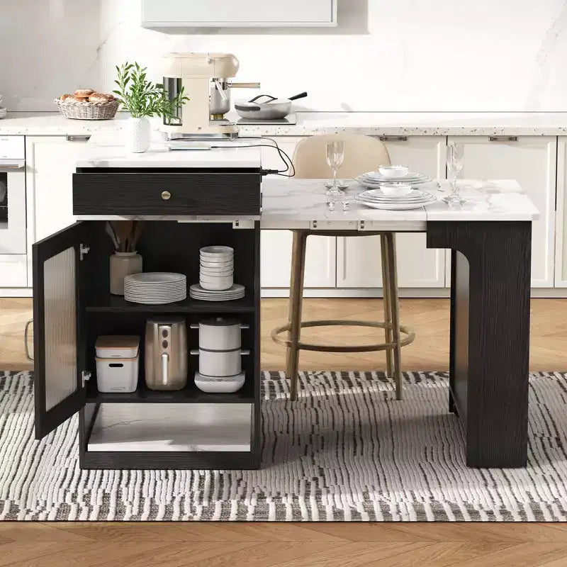 Îlot de cuisine avec table extensible, rangement double face et prise de courant, chariot de cuisine pour salle à manger