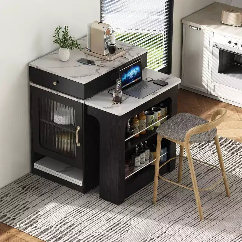 Îlot de cuisine avec table extensible, rangement double face et prise de courant, chariot de cuisine pour salle à manger