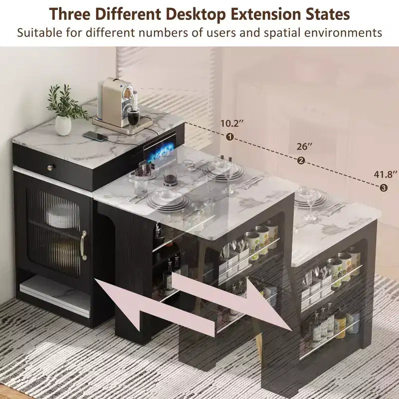 Îlot de cuisine avec table extensible, rangement double face et prise de courant, chariot de cuisine pour salle à manger