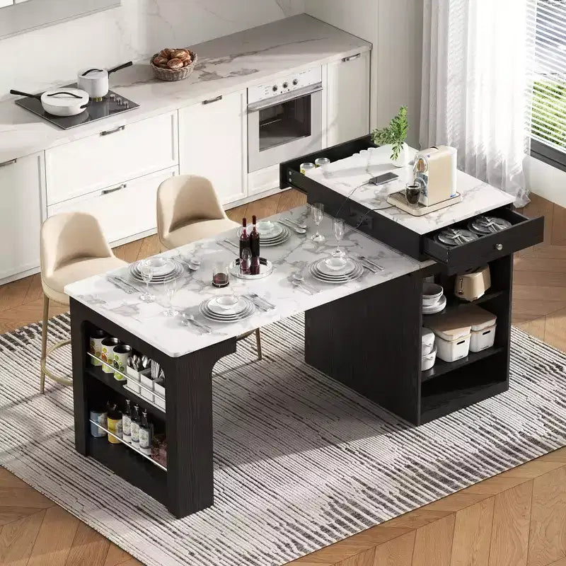 Îlot de cuisine avec table extensible, rangement double face et prise de courant, chariot de cuisine pour salle à manger