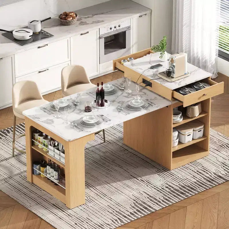 Îlot de cuisine avec table extensible, rangement double face et prise de courant, chariot de cuisine pour salle à manger