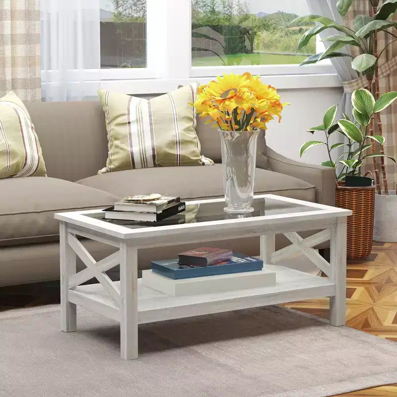 Table basse de style rustique avec cadre en bois, plateau en verre trempé et étagère de rangement inférieure pour salon, chêne blanc