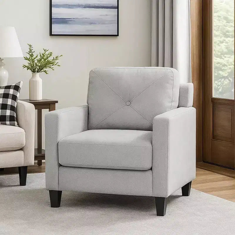 Fauteuil d'appoint avec accoudoirs droits, assise en tissu gris avec dossier capitonné