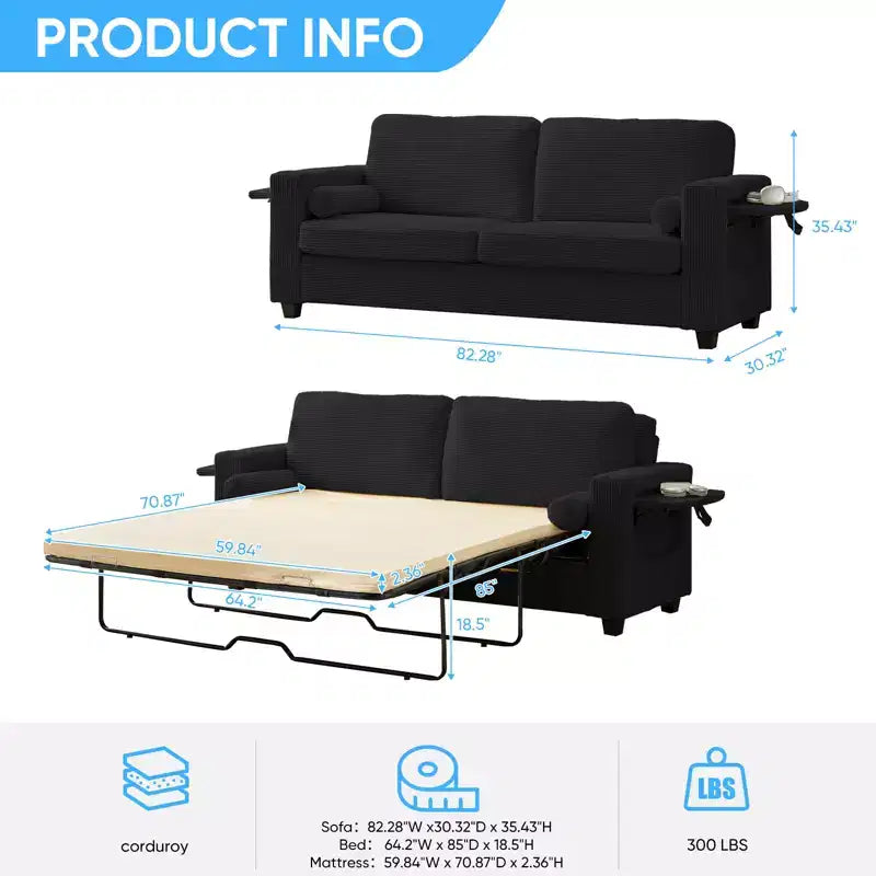 Canapé-lit convertible 2-en-1 avec 2 tablettes latérales et matelas en mousse à mémoire de forme
