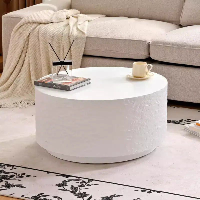 Table basse ronde en imitation pierre, blanc, aucun assemblage requis