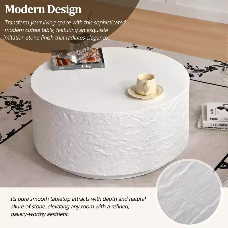 Table basse ronde en imitation pierre, blanc, aucun assemblage requis