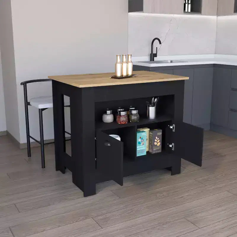Îlot de cuisine minimaliste avec grand rangement, 2 portes et 3 étagères, organisateur de comptoir pour salle à manger