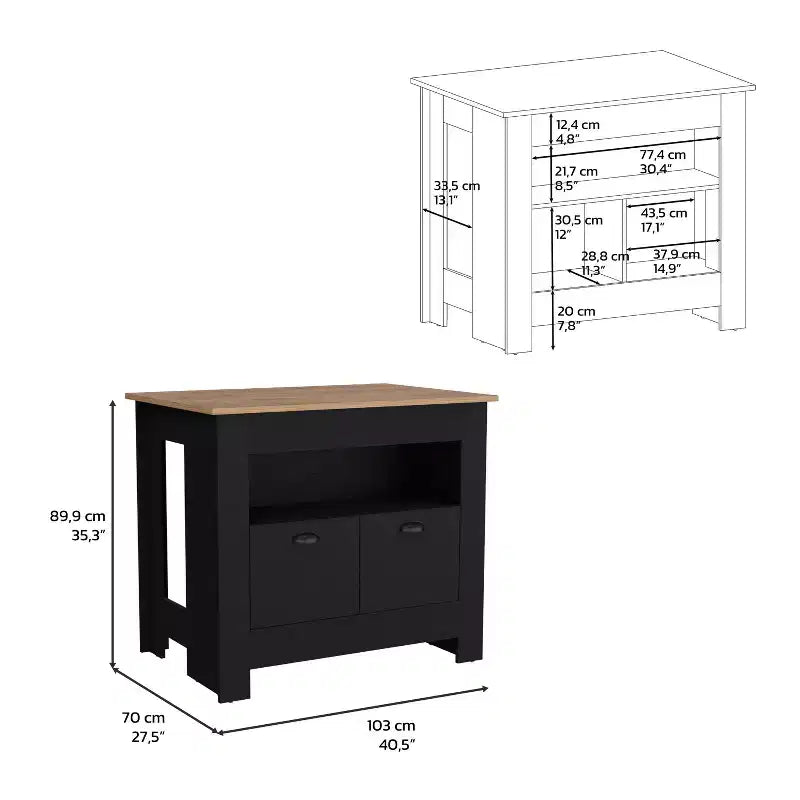 Îlot de cuisine minimaliste avec grand rangement, 2 portes et 3 étagères, organisateur de comptoir pour salle à manger