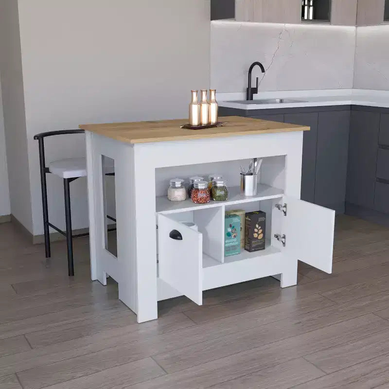 Îlot de cuisine minimaliste avec grand rangement, 2 portes et 3 étagères, organisateur de comptoir pour salle à manger