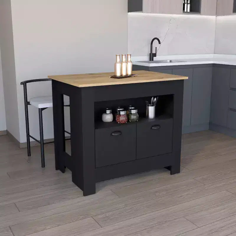 Îlot de cuisine minimaliste avec grand rangement, 2 portes et 3 étagères, organisateur de comptoir pour salle à manger