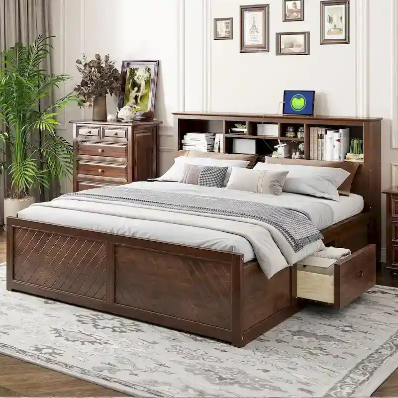 Lit King en bois massif avec tête de lit de rangement, 2 tiroirs et ports USB