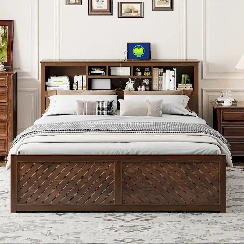 Lit King en bois massif avec tête de lit de rangement, 2 tiroirs et ports USB