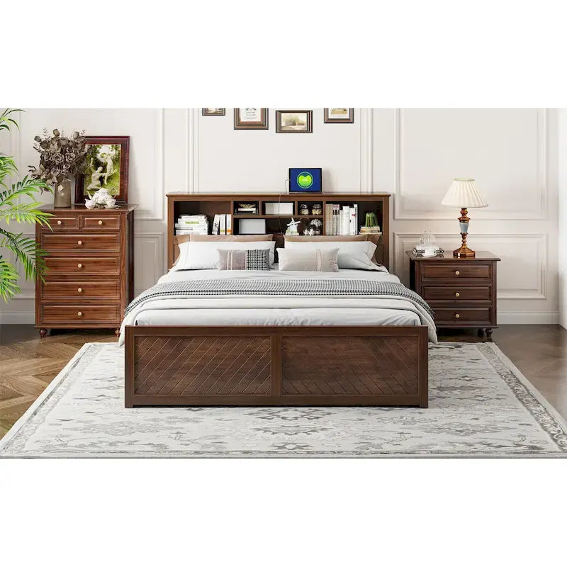 Lit King en bois massif avec tête de lit de rangement, 2 tiroirs et ports USB