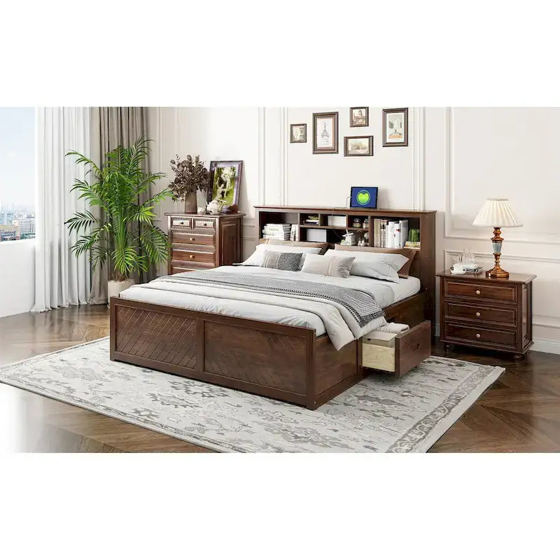 Lit King en bois massif avec tête de lit de rangement, 2 tiroirs et ports USB