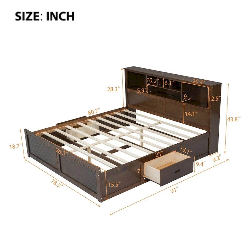 Lit King en bois massif avec tête de lit de rangement, 2 tiroirs et ports USB