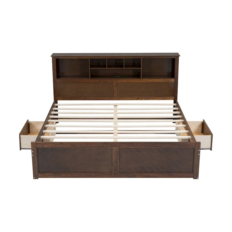 Lit King en bois massif avec tête de lit de rangement, 2 tiroirs et ports USB