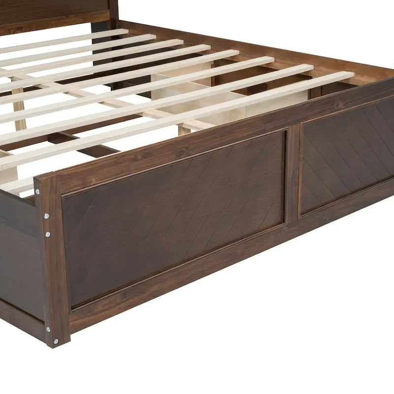 Lit King en bois massif avec tête de lit de rangement, 2 tiroirs et ports USB