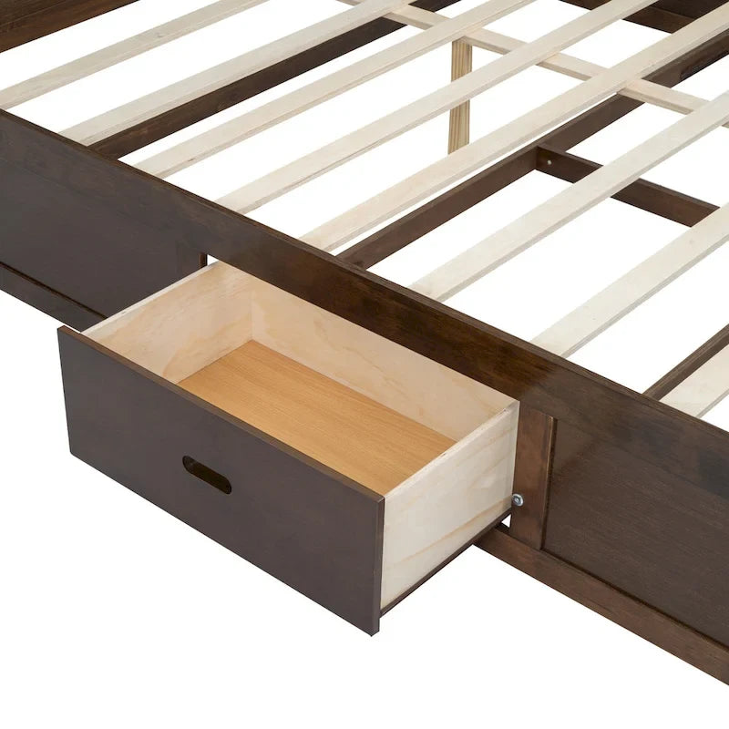Lit King en bois massif avec tête de lit de rangement, 2 tiroirs et ports USB