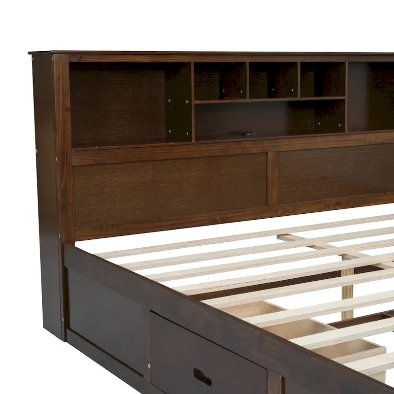 Lit King en bois massif avec tête de lit de rangement, 2 tiroirs et ports USB