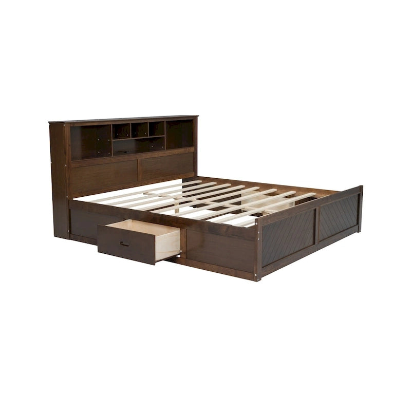 Lit King en bois massif avec tête de lit de rangement, 2 tiroirs et ports USB