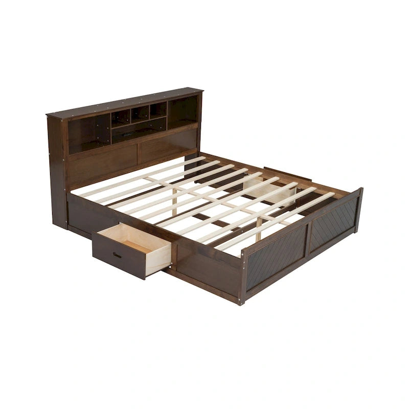Lit King en bois massif avec tête de lit de rangement, 2 tiroirs et ports USB