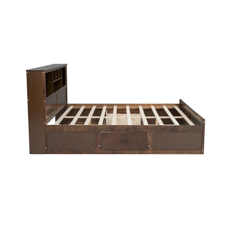 Lit King en bois massif avec tête de lit de rangement, 2 tiroirs et ports USB
