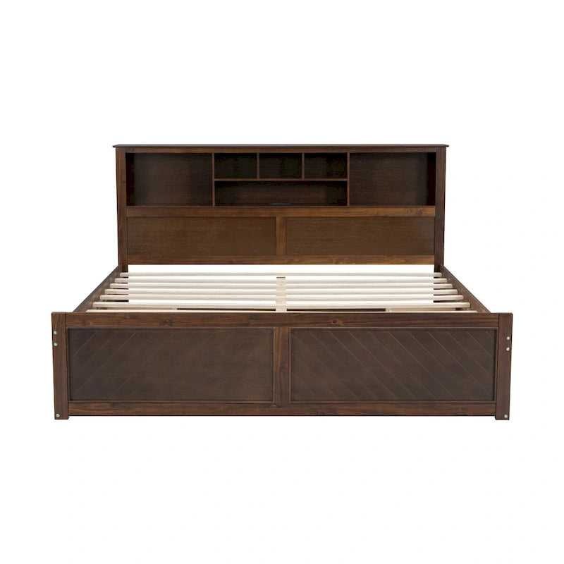 Lit King en bois massif avec tête de lit de rangement, 2 tiroirs et ports USB