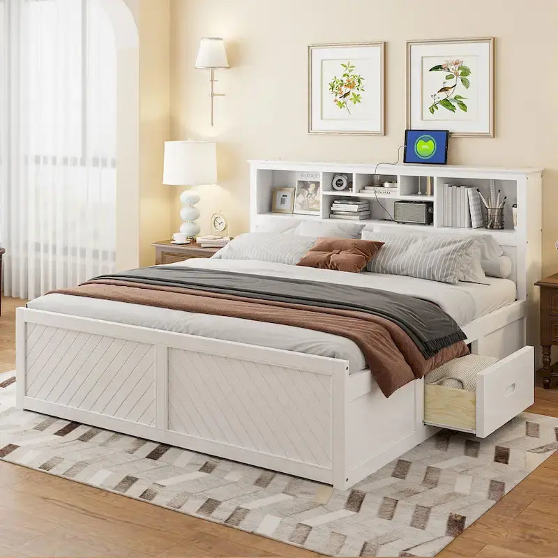 Lit King en bois massif avec tête de lit de rangement, 2 tiroirs et ports USB