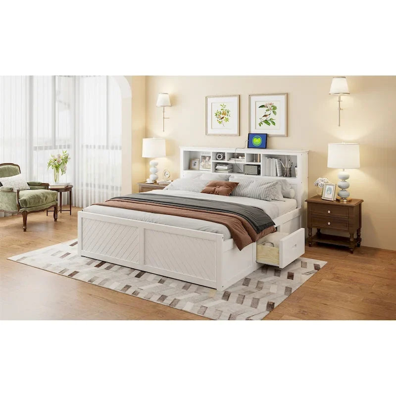 Lit King en bois massif avec tête de lit de rangement, 2 tiroirs et ports USB