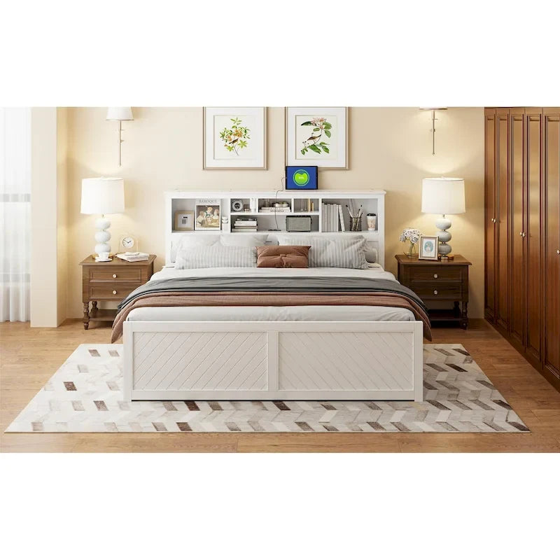 Lit King en bois massif avec tête de lit de rangement, 2 tiroirs et ports USB