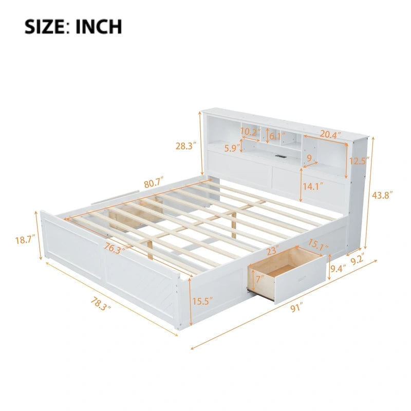 Lit King en bois massif avec tête de lit de rangement, 2 tiroirs et ports USB