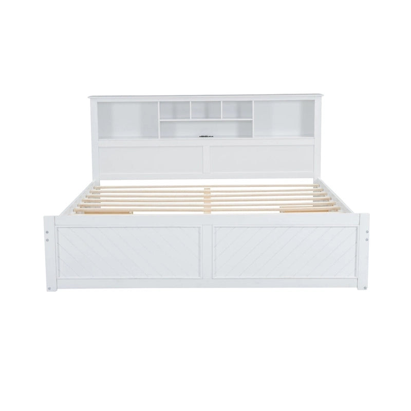 Lit King en bois massif avec tête de lit de rangement, 2 tiroirs et ports USB