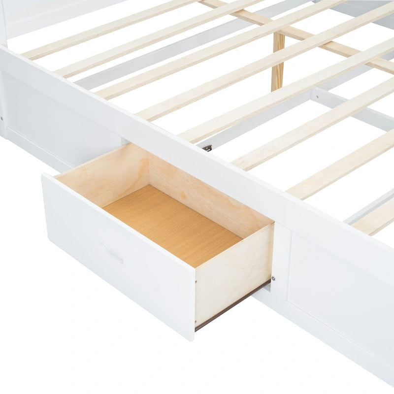 Lit King en bois massif avec tête de lit de rangement, 2 tiroirs et ports USB