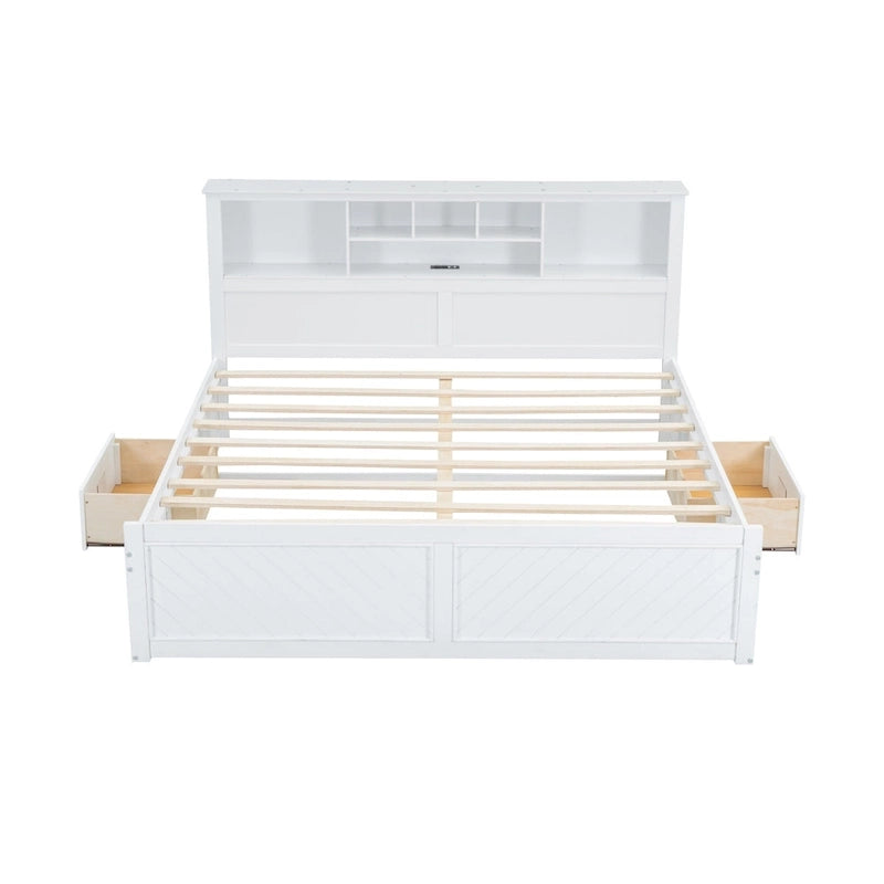 Lit King en bois massif avec tête de lit de rangement, 2 tiroirs et ports USB