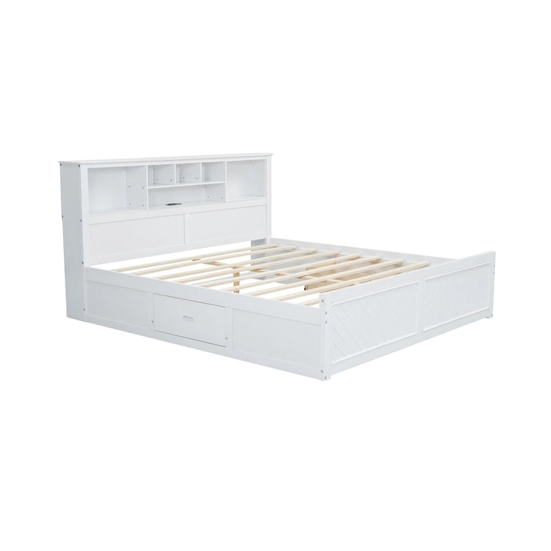 Lit King en bois massif avec tête de lit de rangement, 2 tiroirs et ports USB