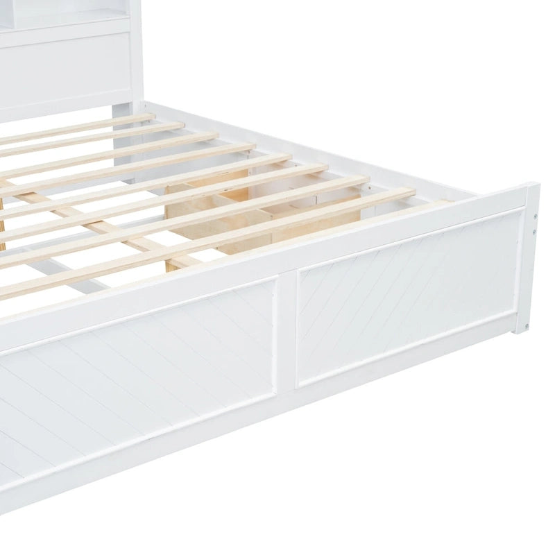 Lit King en bois massif avec tête de lit de rangement, 2 tiroirs et ports USB