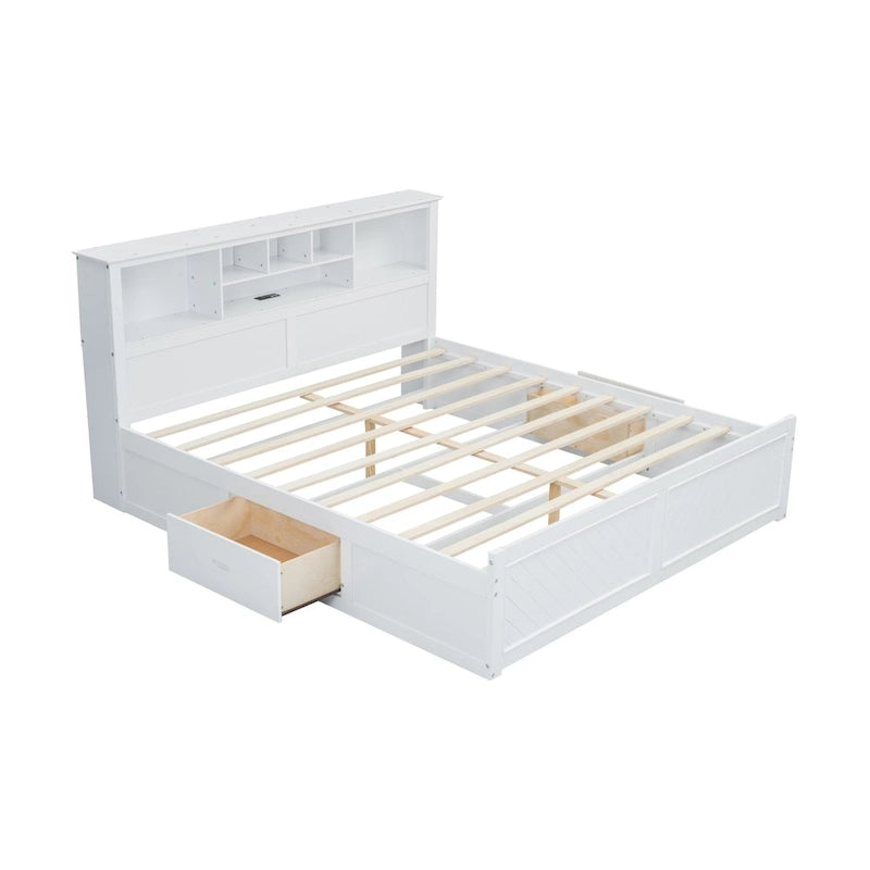 Lit King en bois massif avec tête de lit de rangement, 2 tiroirs et ports USB