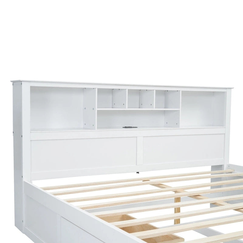 Lit King en bois massif avec tête de lit de rangement, 2 tiroirs et ports USB