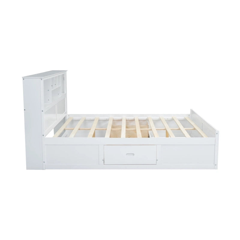 Lit King en bois massif avec tête de lit de rangement, 2 tiroirs et ports USB