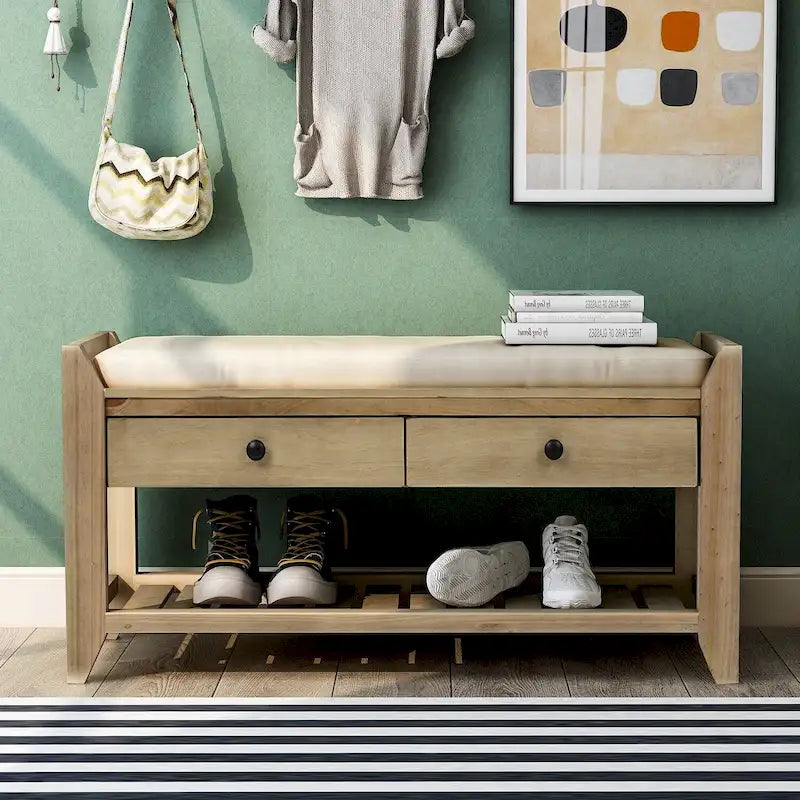 Étagère à chaussures en bois massif de 99 cm avec siège rembourré et tiroirs, banc de rangement multifonctionnel pour entrée, ottoman pour salon, couloir