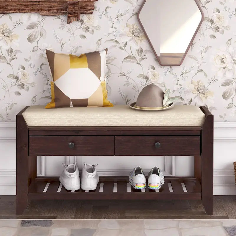Étagère à chaussures en bois massif de 99 cm avec siège rembourré et tiroirs, banc de rangement multifonctionnel pour entrée, ottoman pour salon, couloir