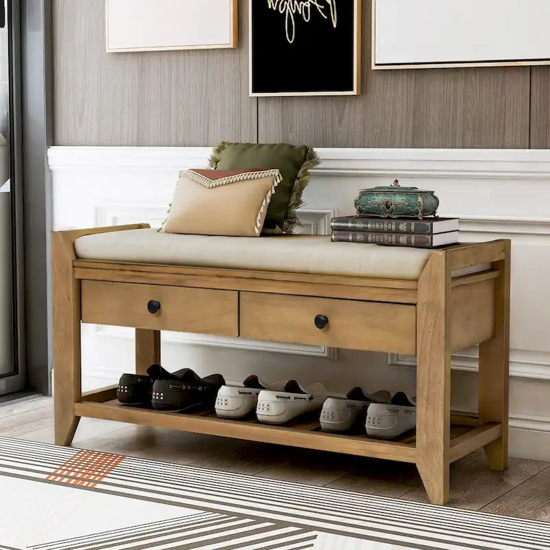 Étagère à chaussures en bois massif de 99 cm avec siège rembourré et tiroirs, banc de rangement multifonctionnel pour entrée, ottoman pour salon, couloir