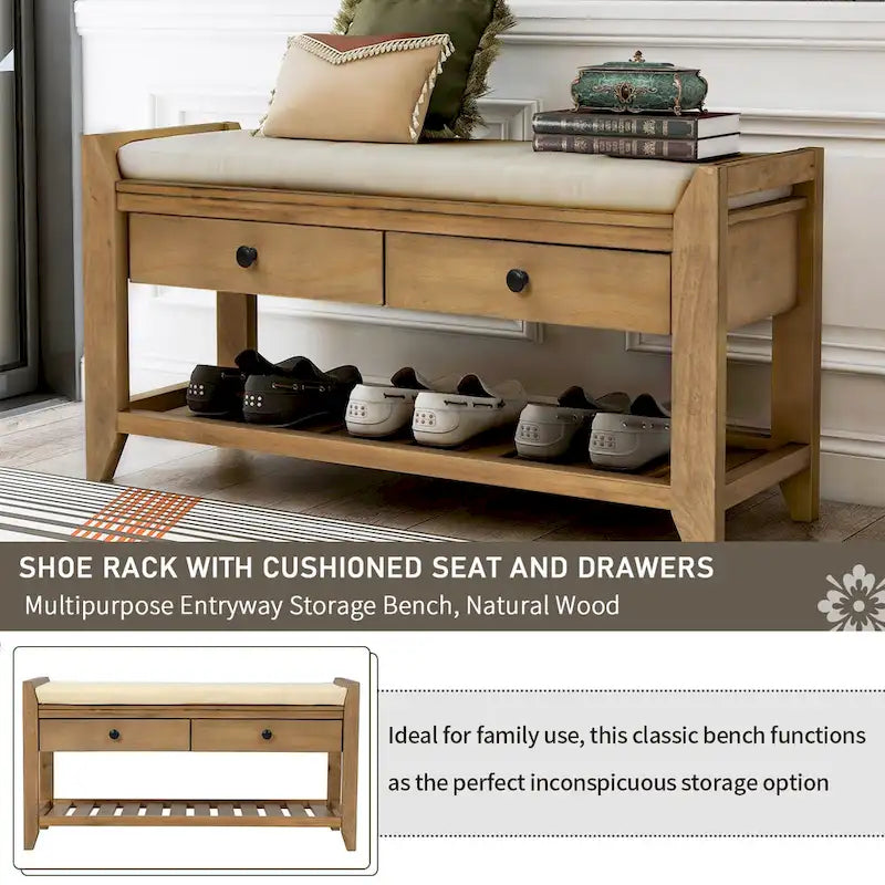 Étagère à chaussures en bois massif de 99 cm avec siège rembourré et tiroirs, banc de rangement multifonctionnel pour entrée, ottoman pour salon, couloir