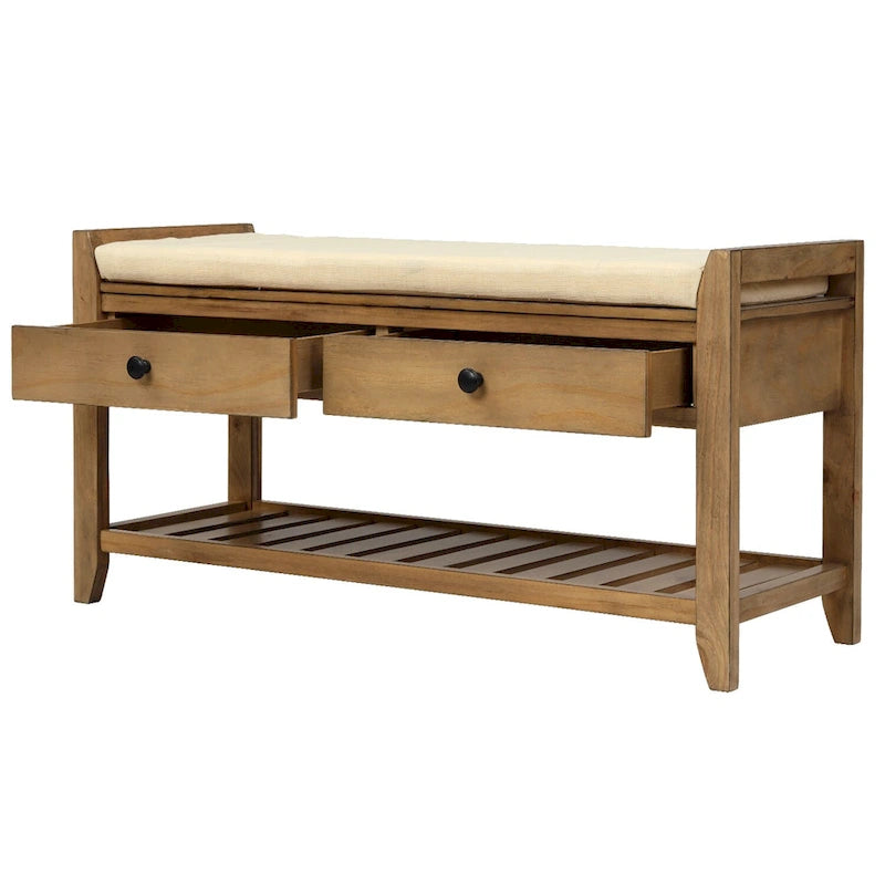 Étagère à chaussures en bois massif de 99 cm avec siège rembourré et tiroirs, banc de rangement multifonctionnel pour entrée, ottoman pour salon, couloir