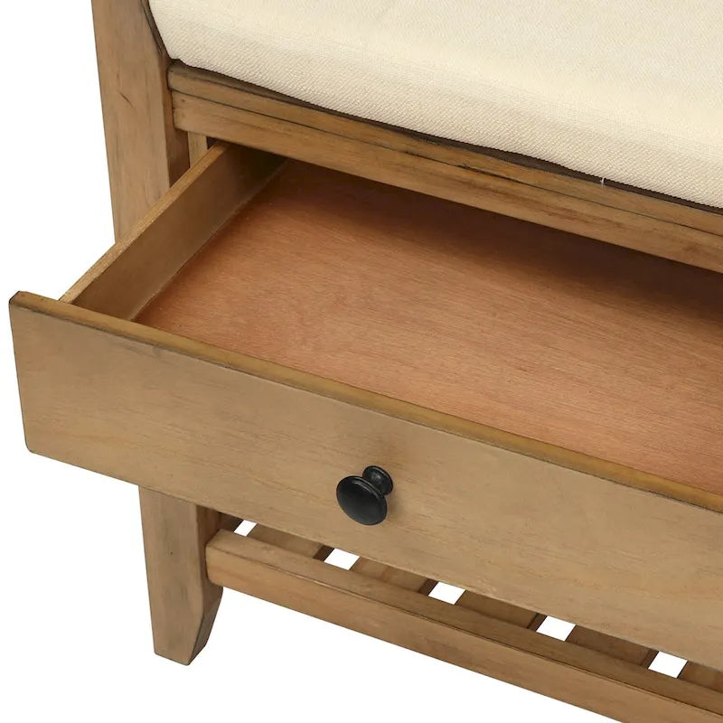 Étagère à chaussures en bois massif de 99 cm avec siège rembourré et tiroirs, banc de rangement multifonctionnel pour entrée, ottoman pour salon, couloir