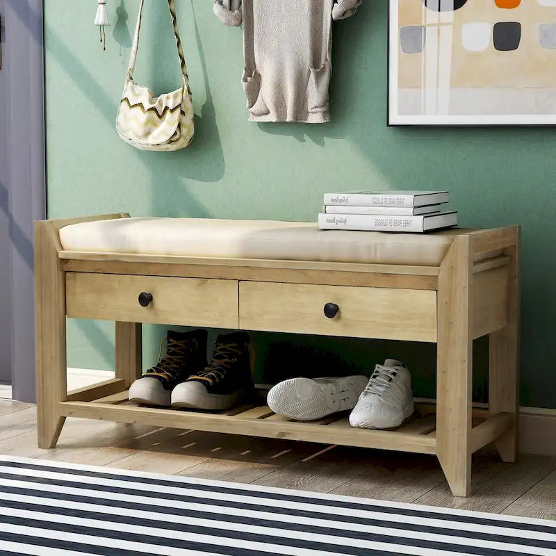 Étagère à chaussures en bois massif de 99 cm avec siège rembourré et tiroirs, banc de rangement multifonctionnel pour entrée, ottoman pour salon, couloir